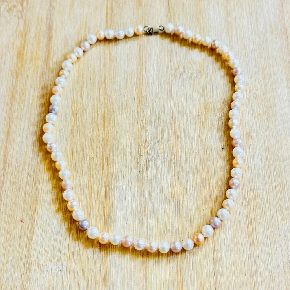 Pearl Necklace VTG Cultured Fresh-Water Tri-Color Beaded Knotted 925 Sterling